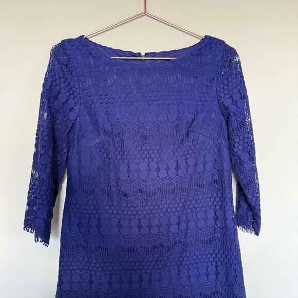 Eliza J Womens Dress 6 Royal Blue 3/4 Sleeve Lined Sheath Lace Midi Event Party - Picture 2 of 6